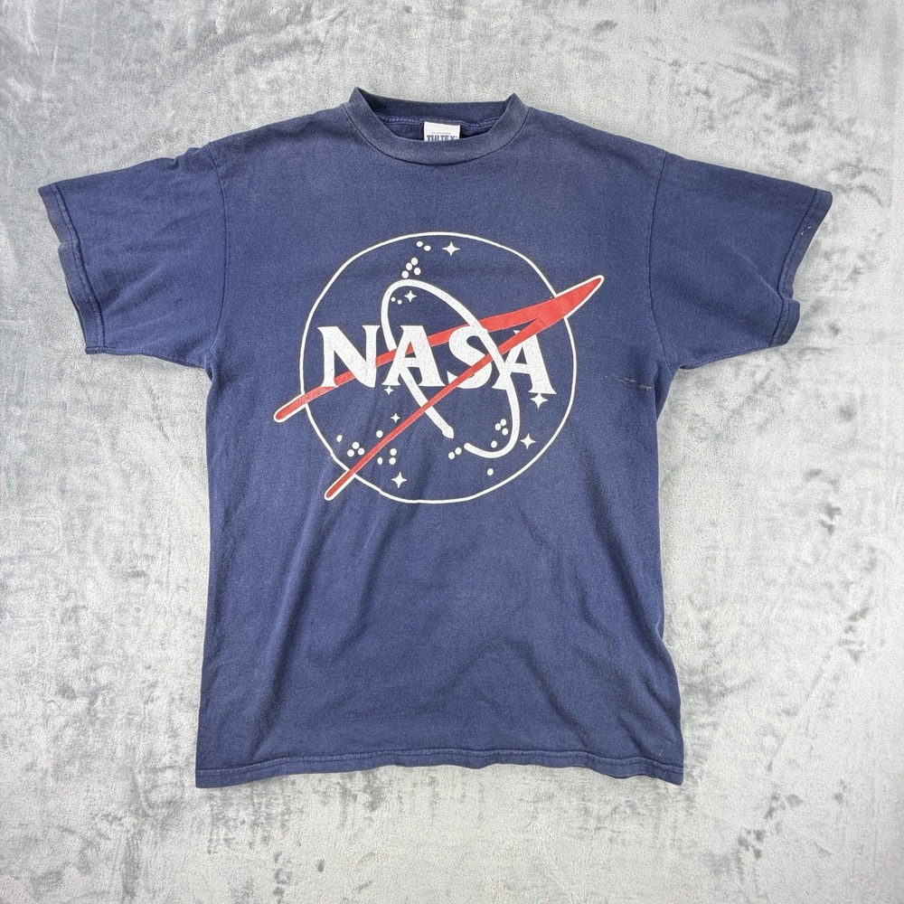 Vintage 90s NASA Meatball Logo T Shirt Tultex Large Navy Blue Distressed